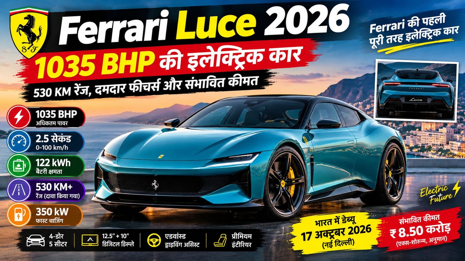 Ferrari Luce 2026: 1035 BHP की इलेक्ट्रिक कार, 530 KM रेंज