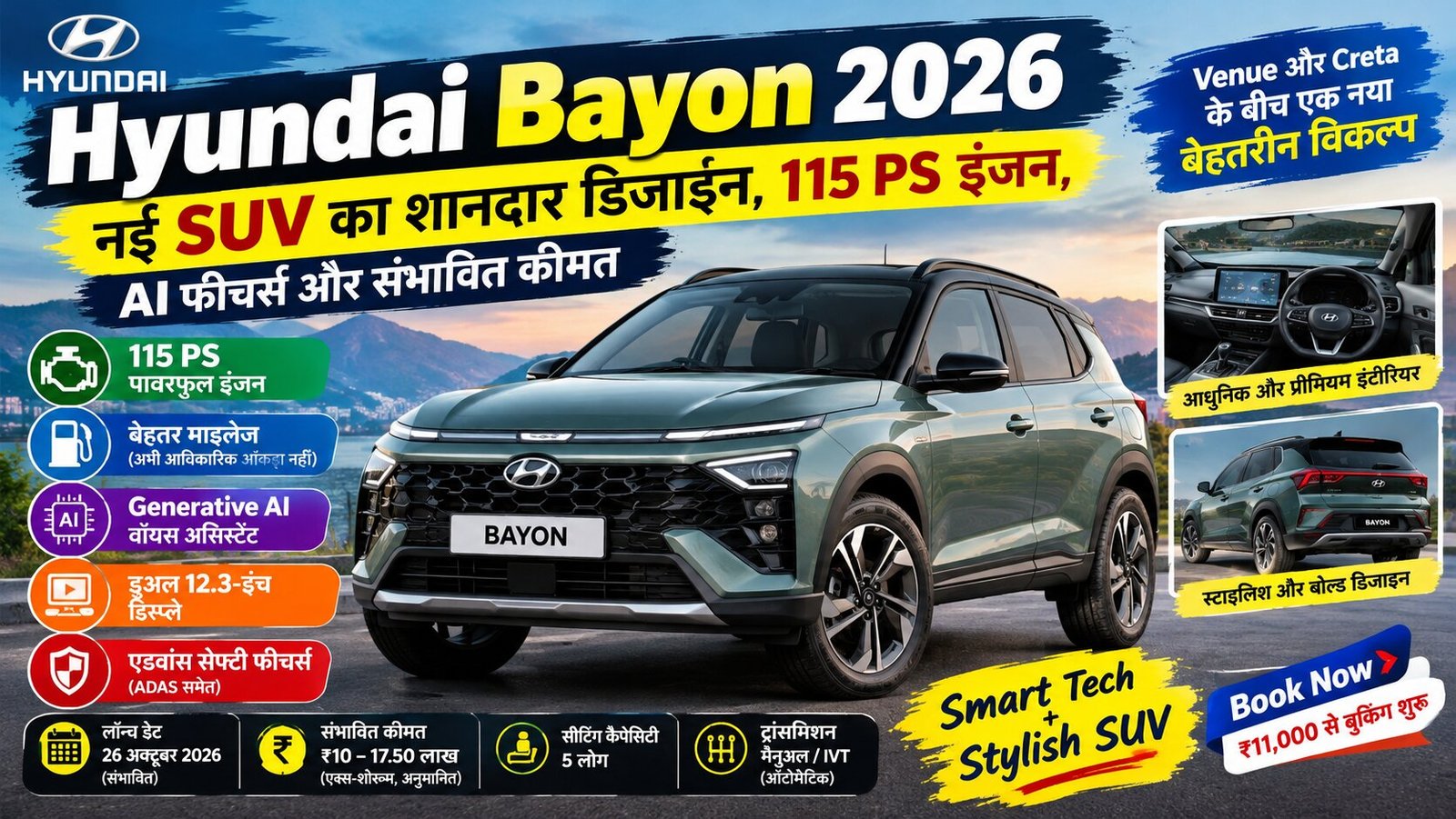 Hyundai Bayon 2026: नई SUV का शानदार डिजाइन, 115 PS इंजन, AI फीचर्स और संभावित कीमत